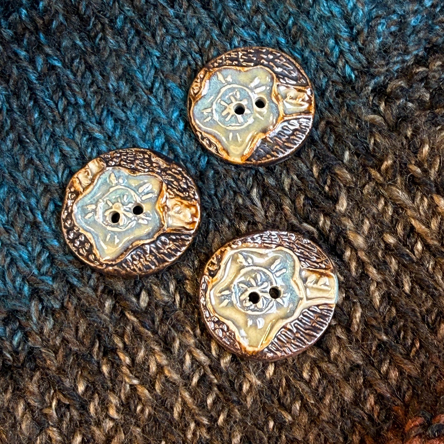 Turquoise Blue and Copper Flower and Leaf Ceramic Button