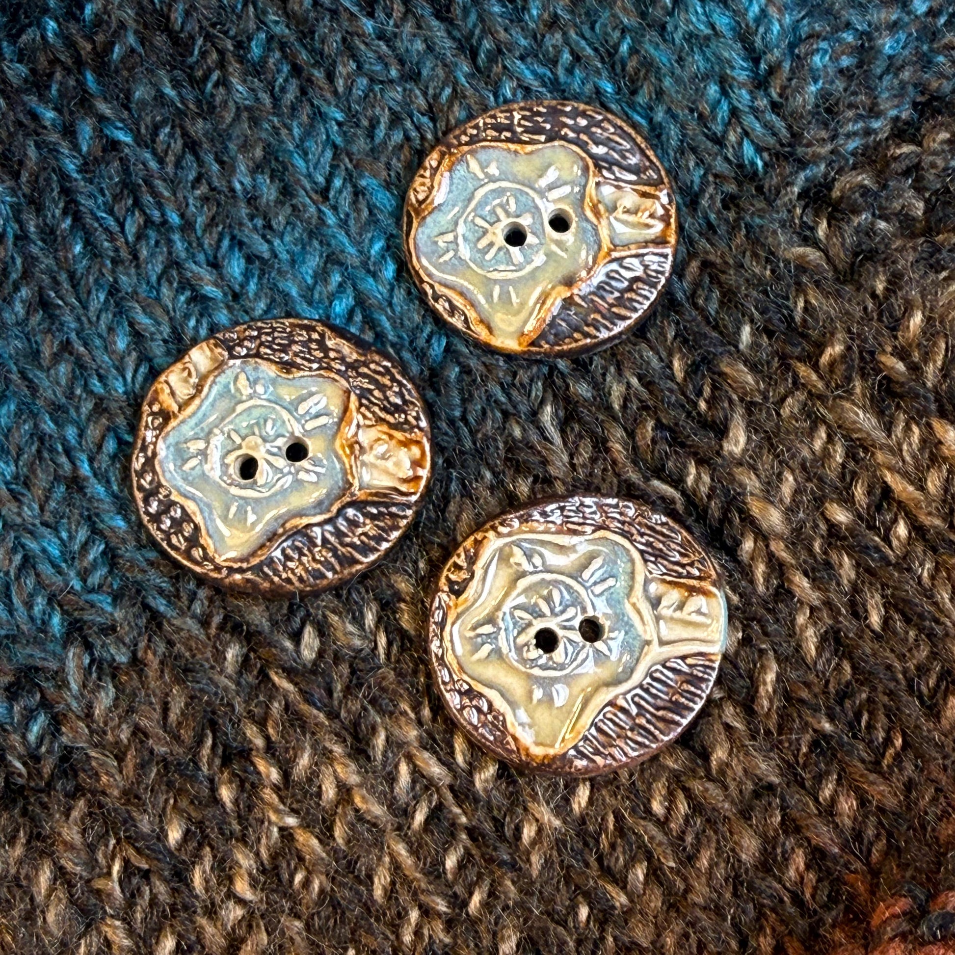 Turquoise Blue and Copper Flower and Leaf Ceramic Button
