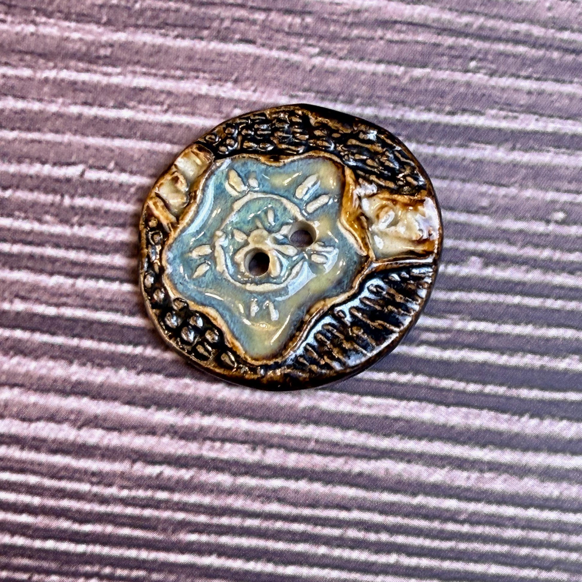 Turquoise Blue and Copper Flower and Leaf Ceramic Button