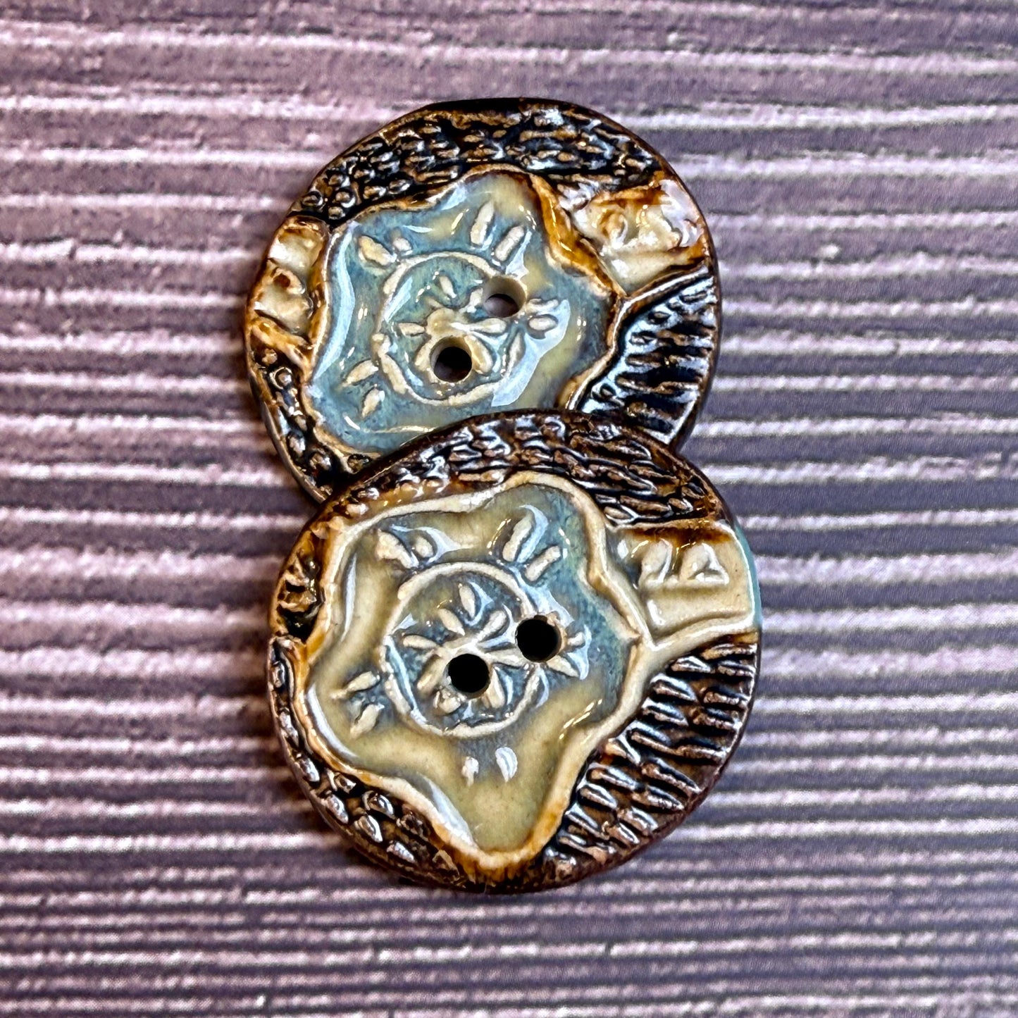 Turquoise Blue and Copper Flower and Leaf Ceramic Button