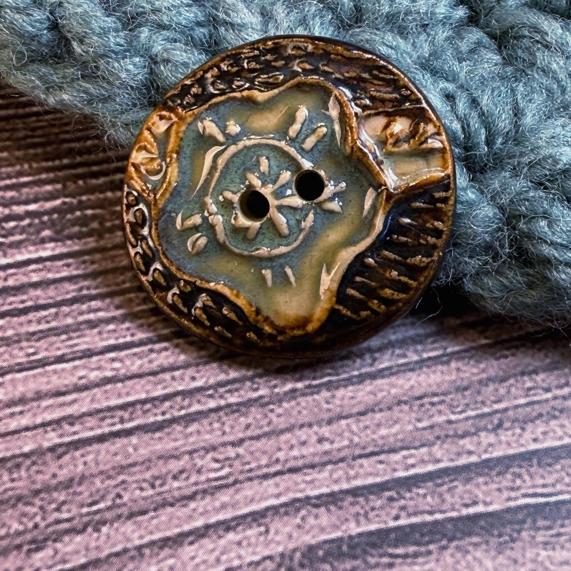 Turquoise Blue and Copper Flower and Leaf Ceramic Button