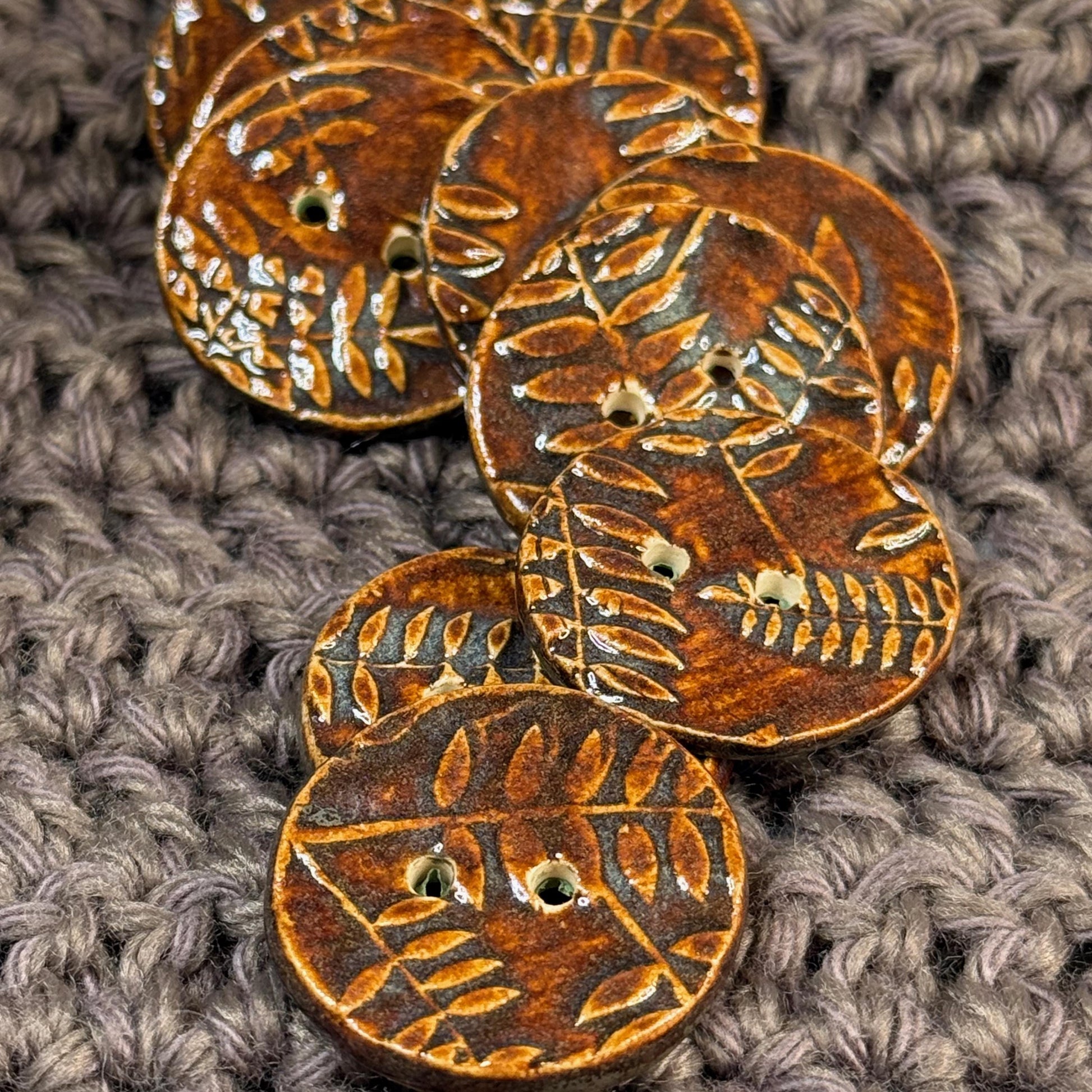 Brown Woodland Fern Textured Round Ceramic Button