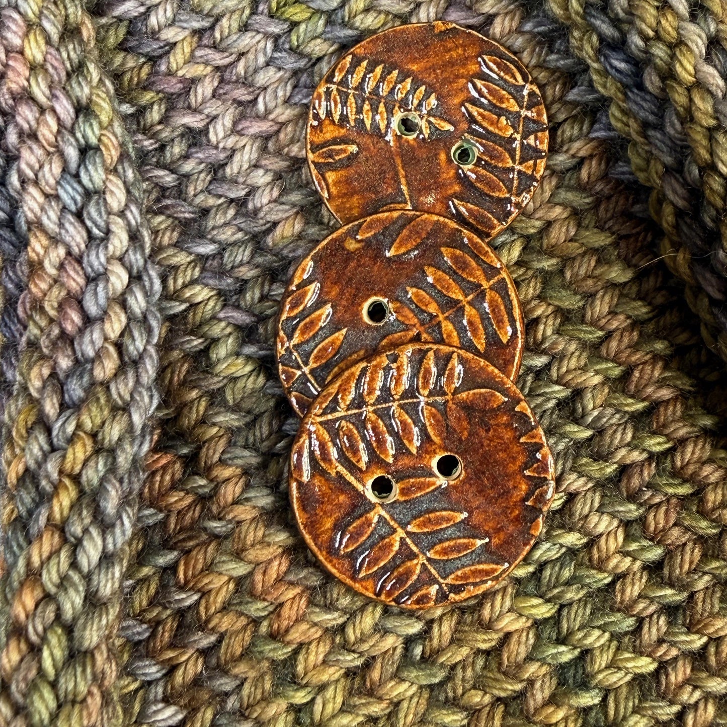 Brown Woodland Fern Textured Round Ceramic Button