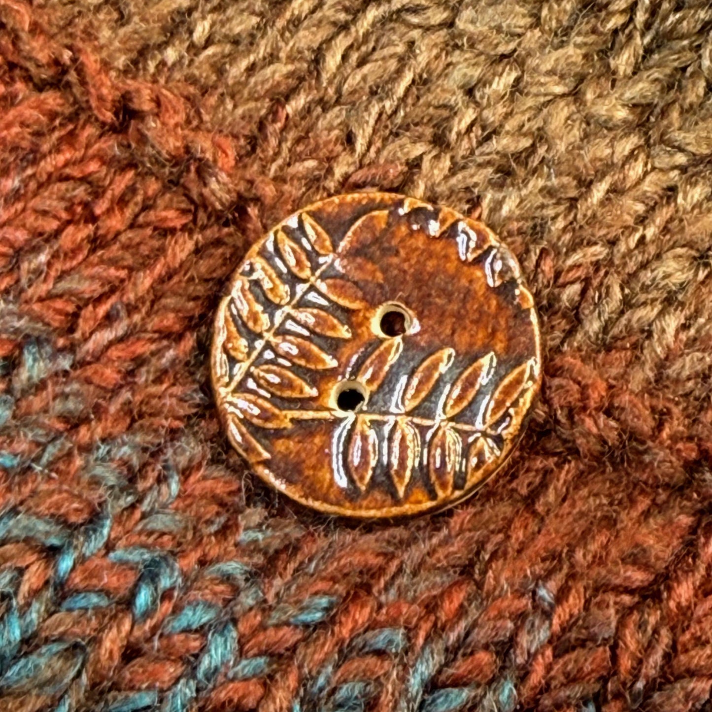 Brown Woodland Fern Textured Round Ceramic Button