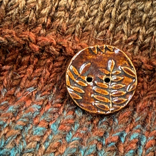 Brown Woodland Fern Textured Round Ceramic Button