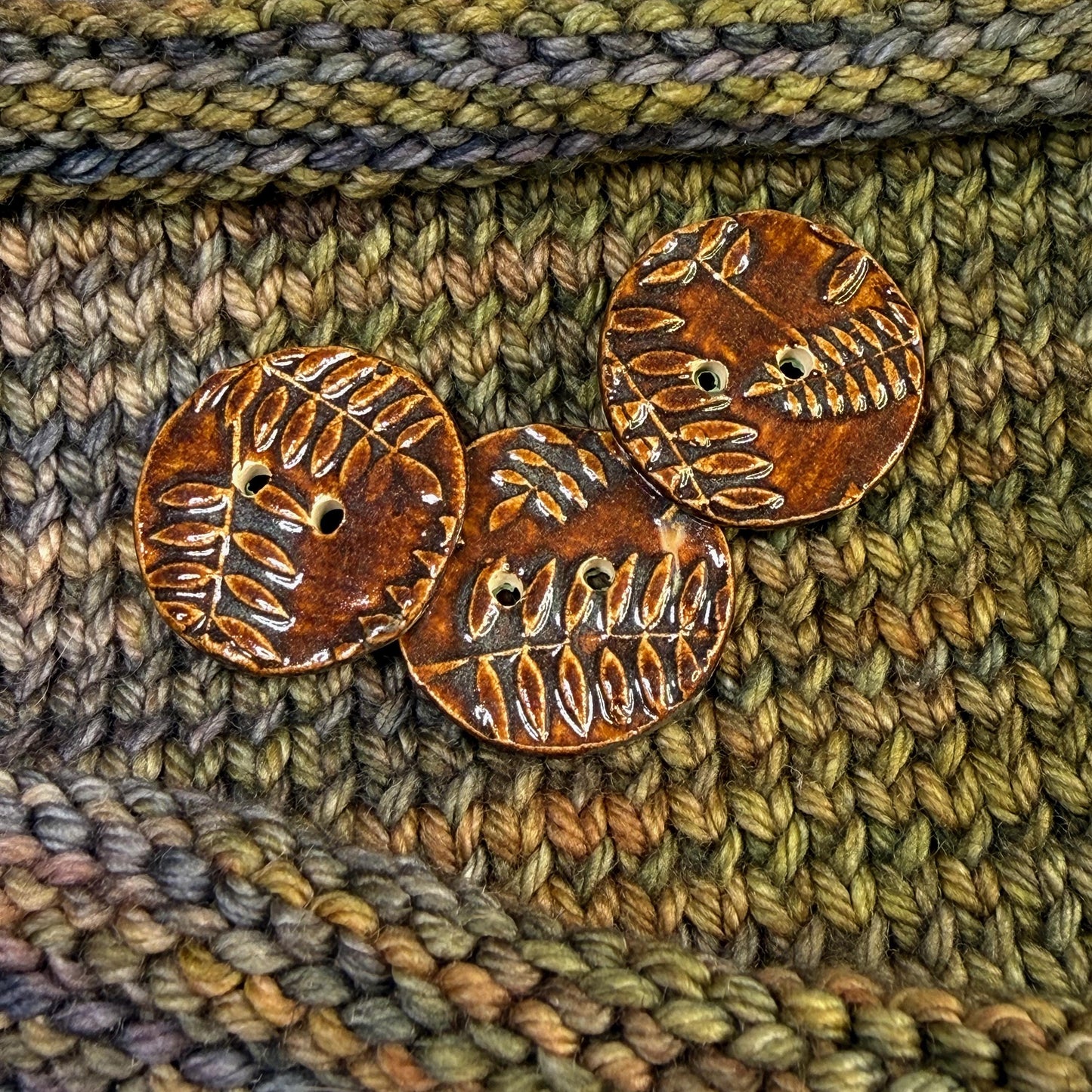 Brown Woodland Fern Textured Round Ceramic Button