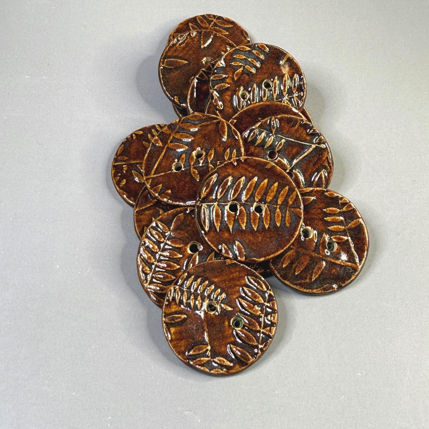 Brown Woodland Fern Textured Round Ceramic Button
