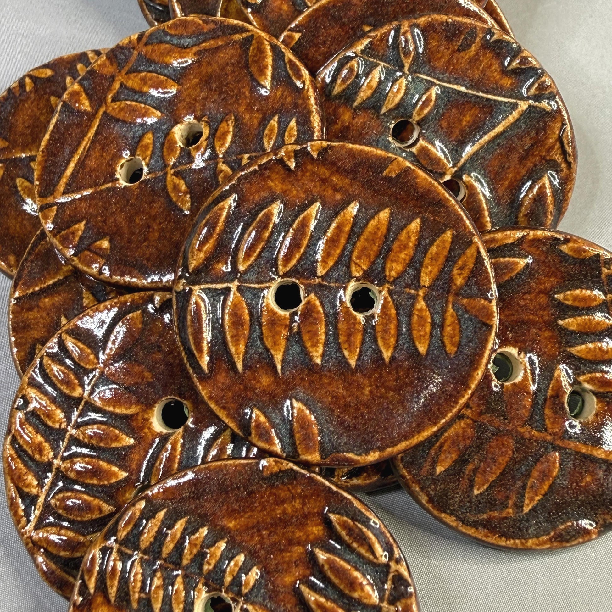 Brown Woodland Fern Textured Round Ceramic Button