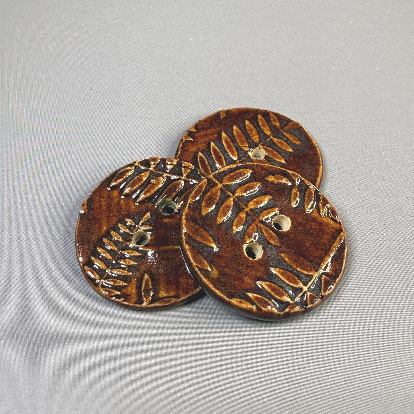 Brown Woodland Fern Textured Round Ceramic Button