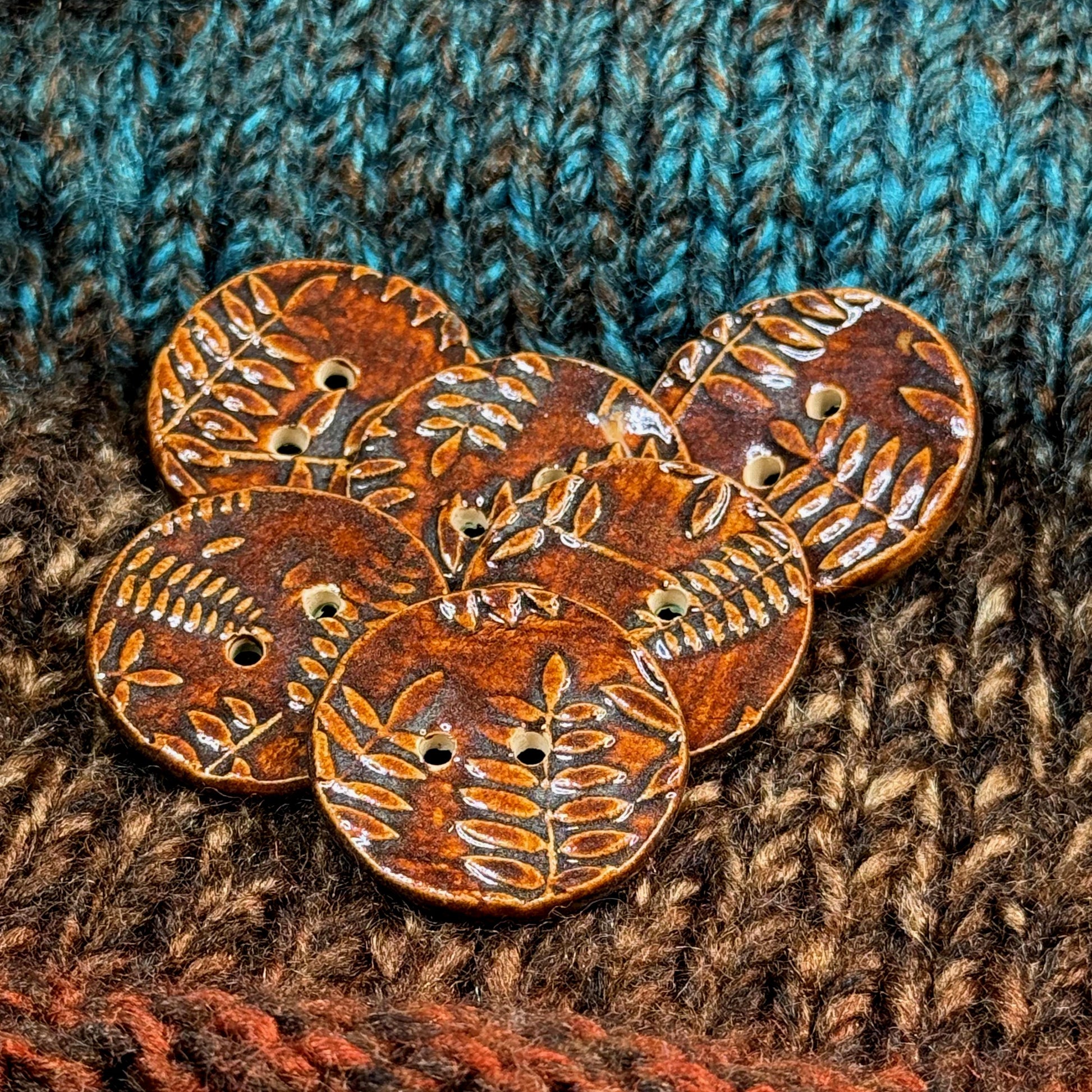 Brown Woodland Fern Textured Round Ceramic Button