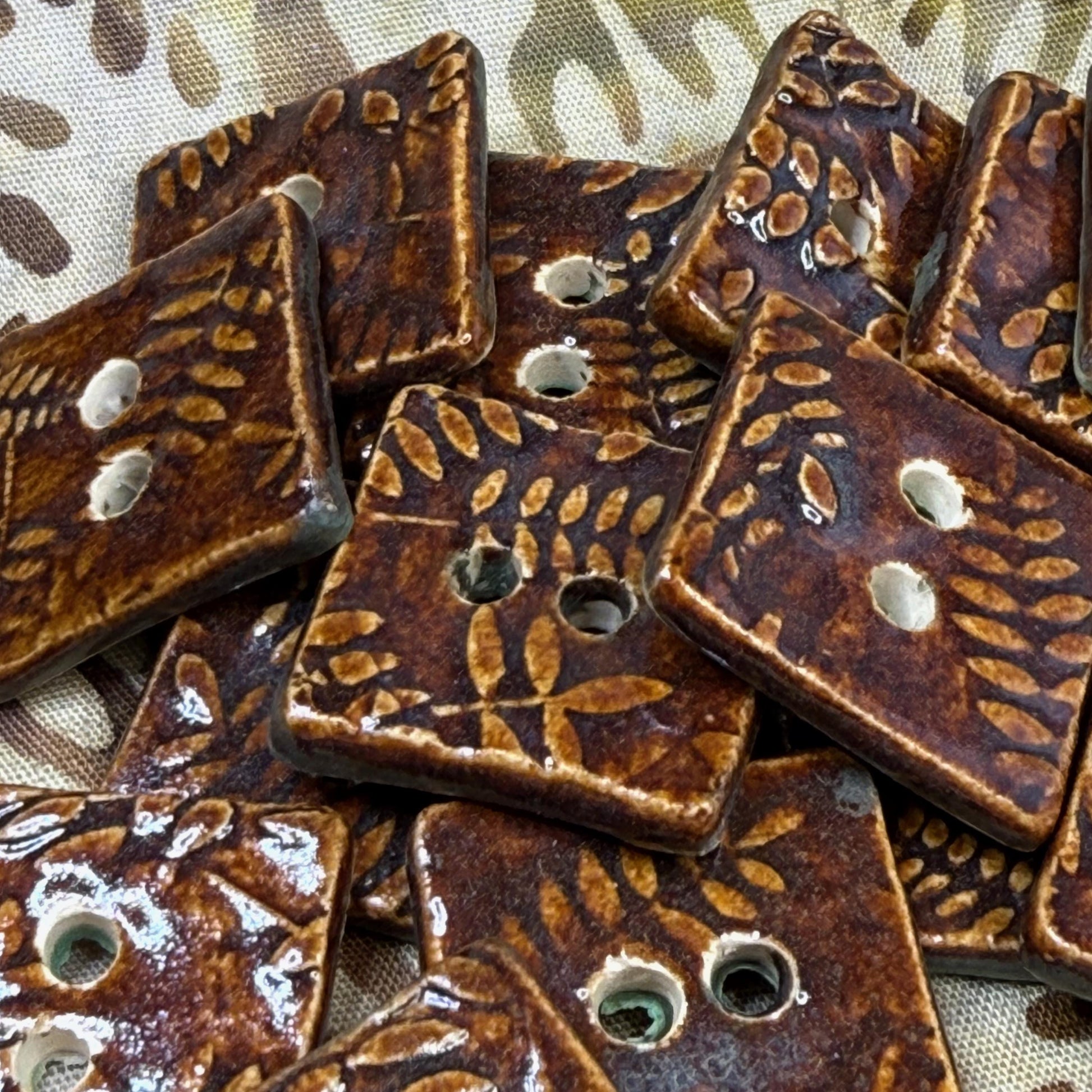 Brown Tiny Square Button with Woodland Fern Texture