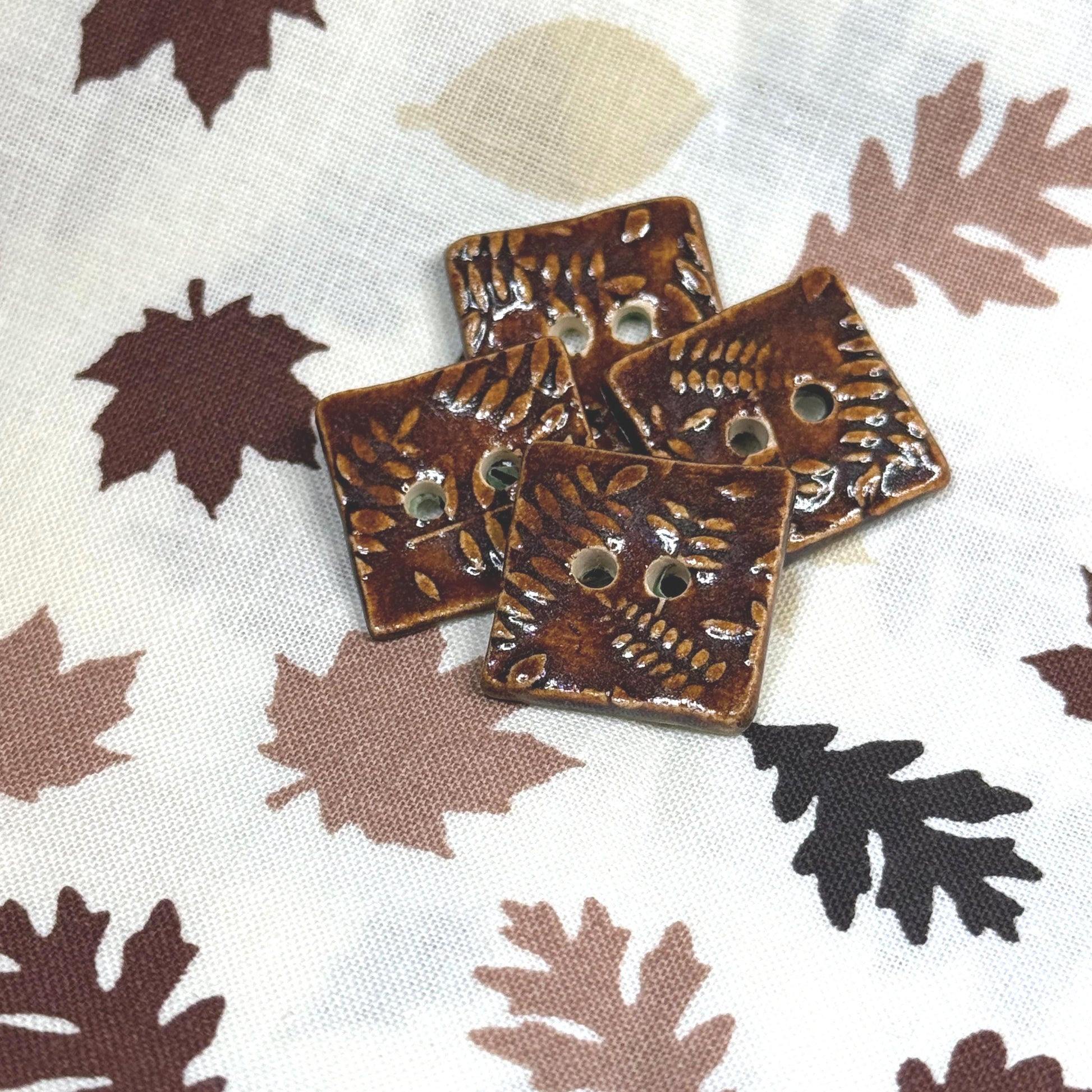 Brown Tiny Square Button with Woodland Fern Texture