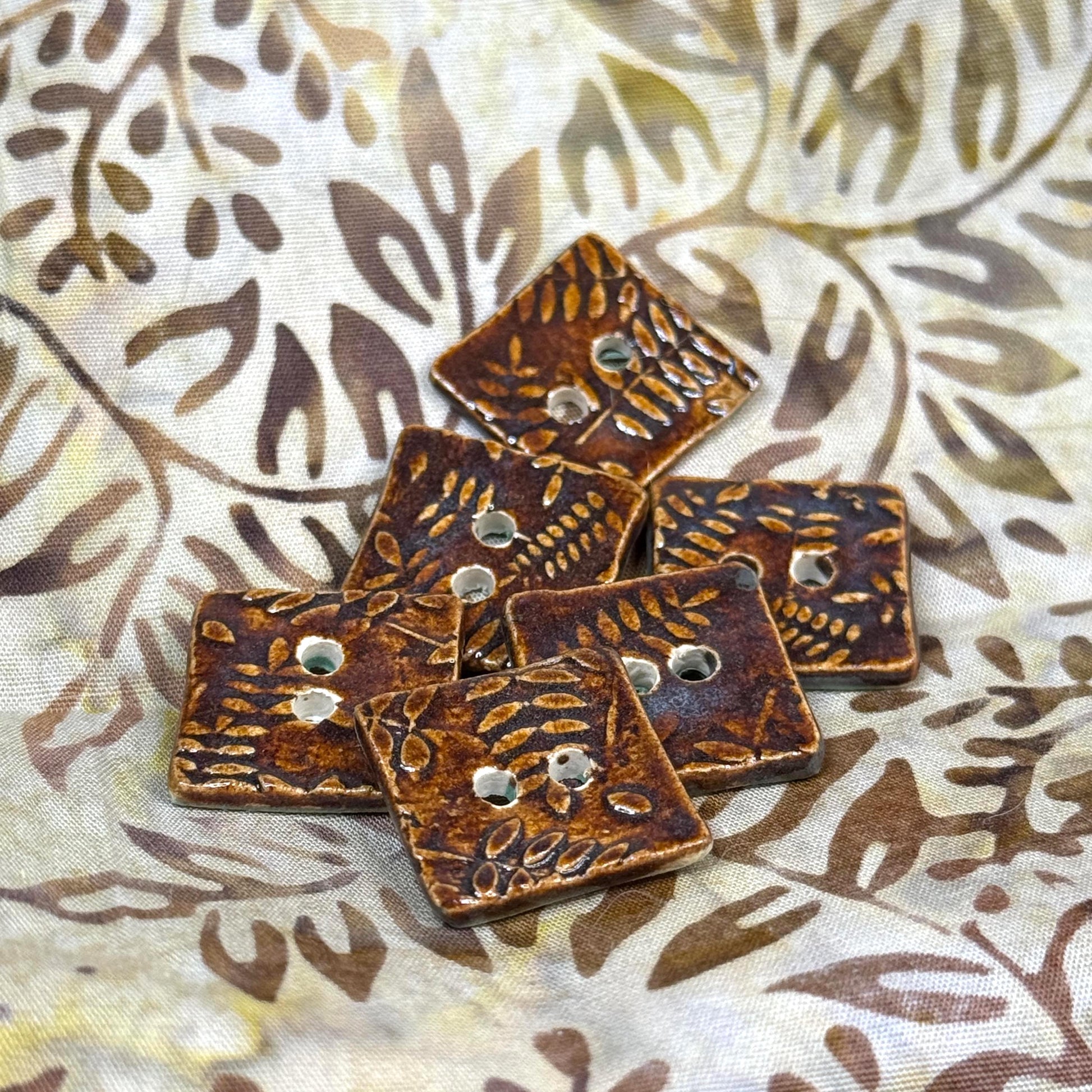 Brown Tiny Square Button with Woodland Fern Texture