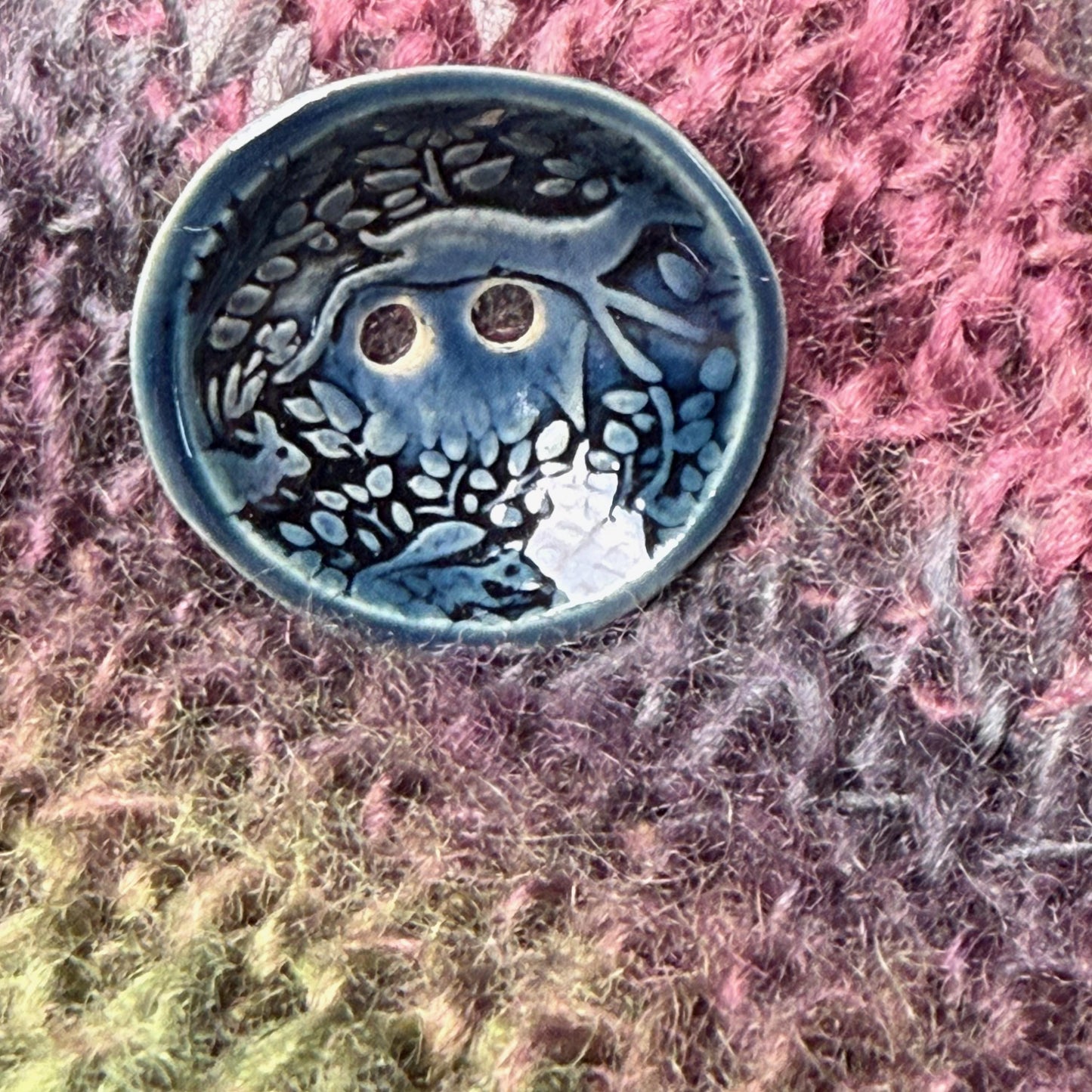 Woodland Deer With Tree Dark Blue Round Ceramic Button