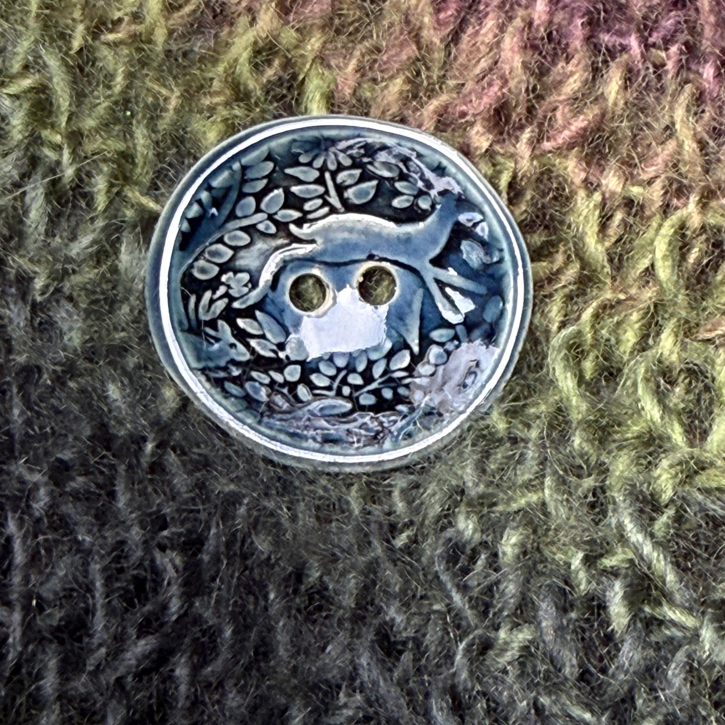 Woodland Deer With Tree Dark Blue Round Ceramic Button