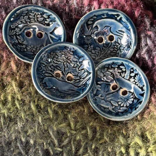 Woodland Deer With Tree Dark Blue Round Ceramic Button