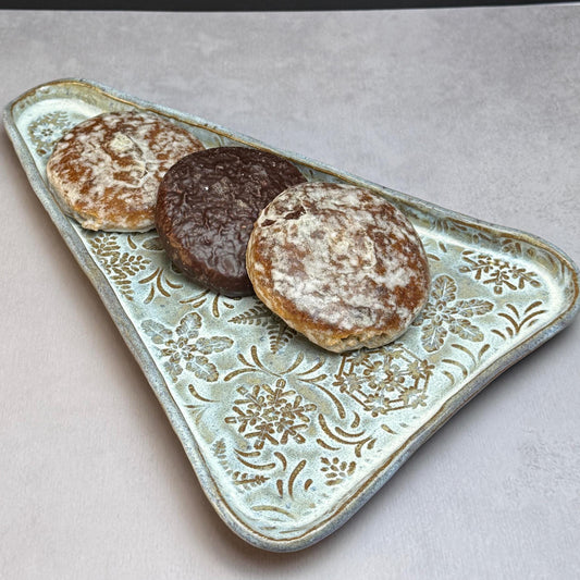 MCM Tree Shaped Tray with Snowflake Pattern White on Brown Stoneware