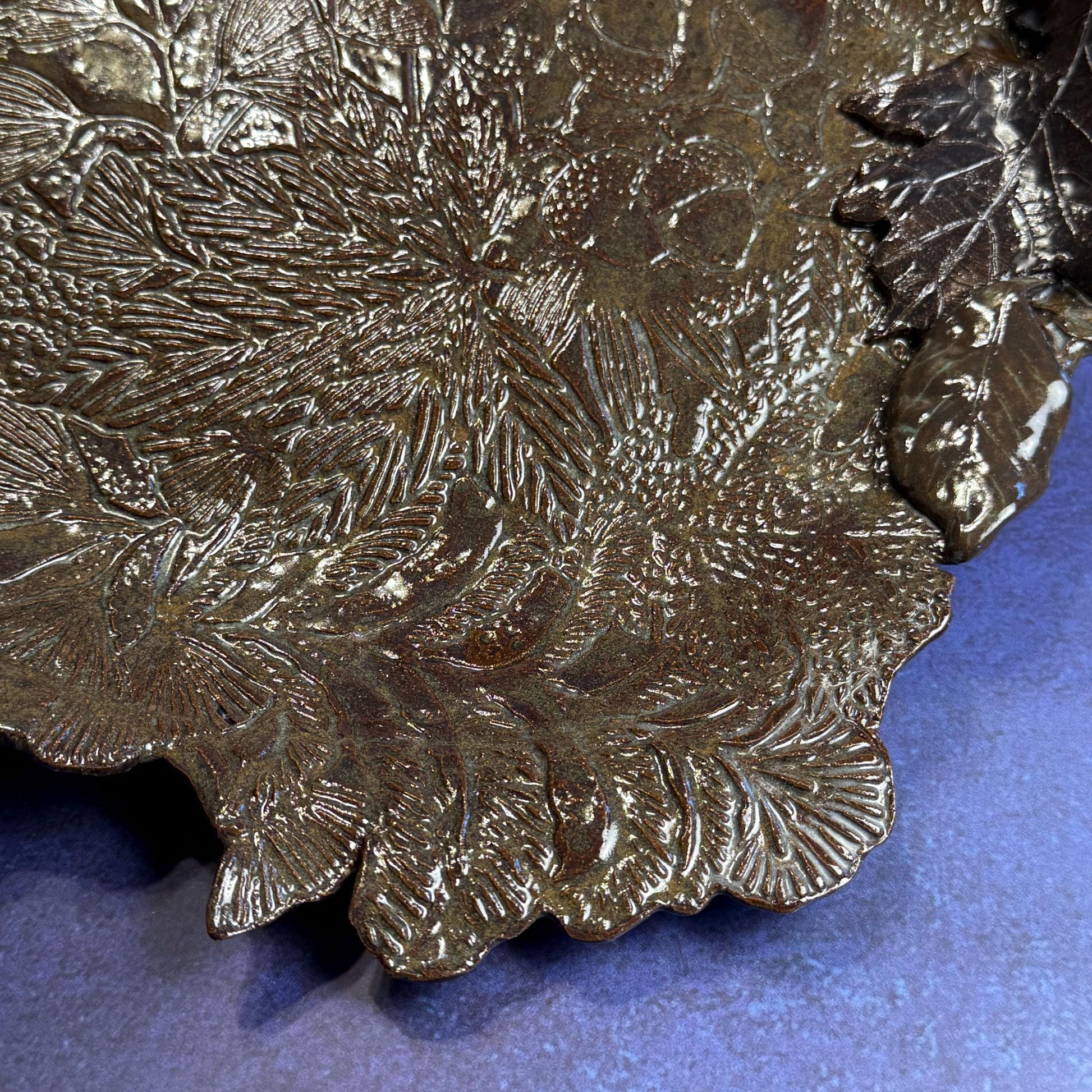 Large Brown and Green Leaf Organic Shaped Serving Plate/Platter