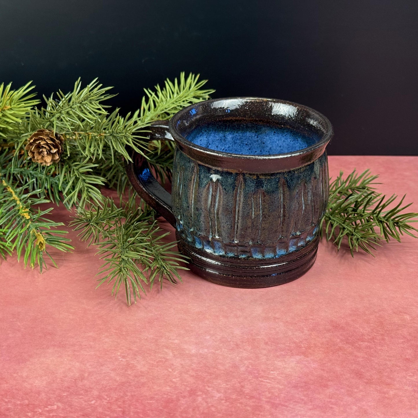 Midnight Blue and Brown Carved Rustic Mug