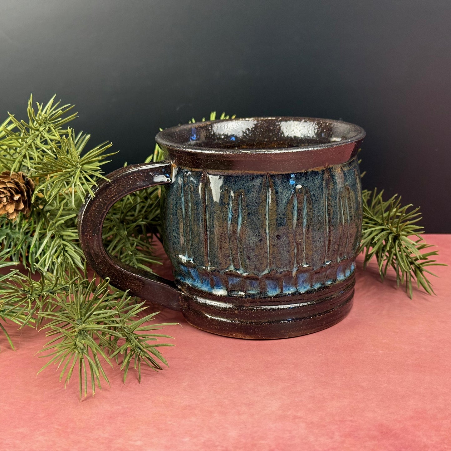 Midnight Blue and Brown Carved Rustic Mug