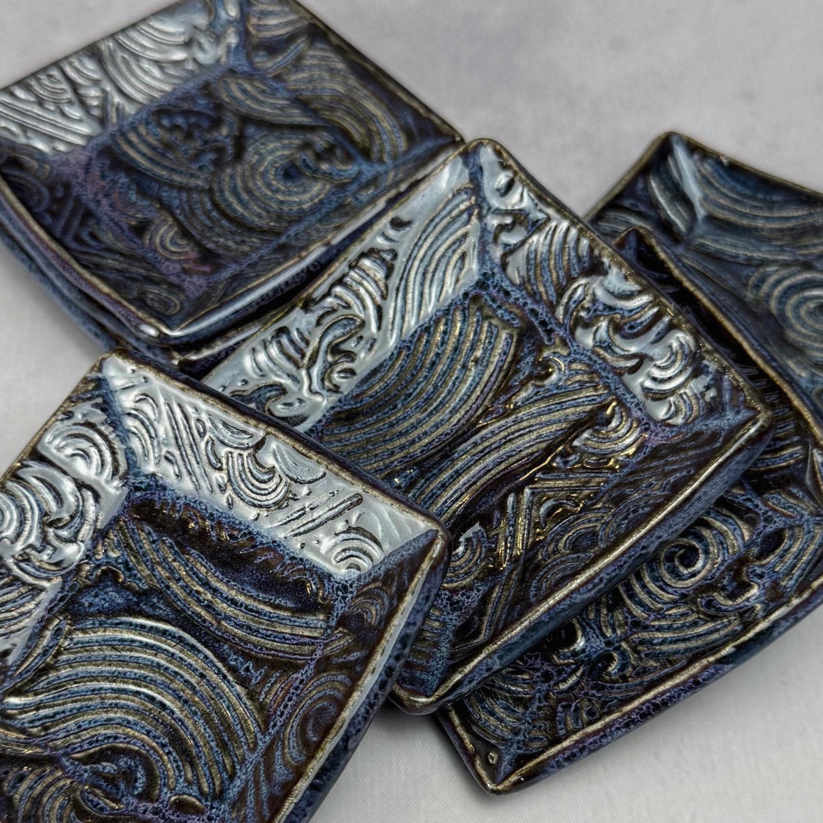 Dark Blue and Purple Wave Patterned Teabag Holder and Spoon Rest