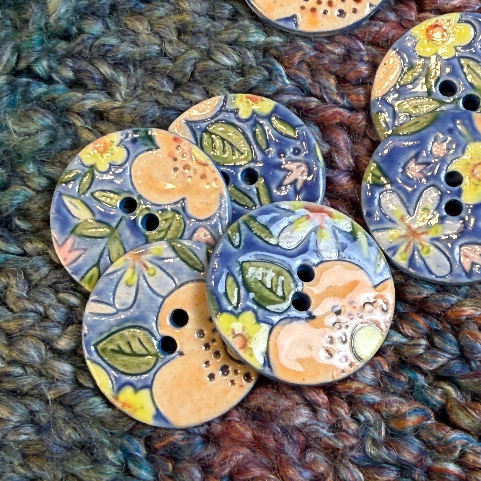 Orange and Blue Graphic Flowers Ceramic Buttons