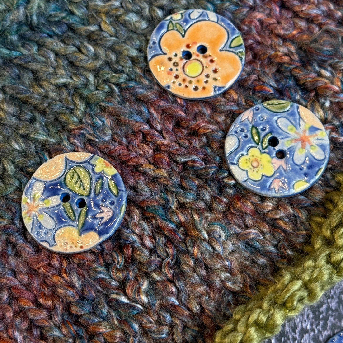 Orange and Blue Graphic Flowers Ceramic Buttons