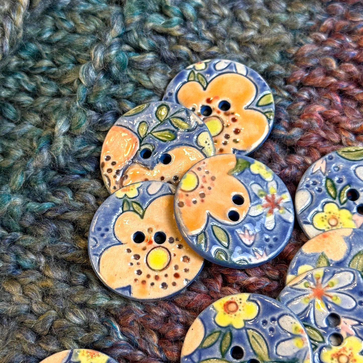 Orange and Blue Graphic Flowers Ceramic Buttons