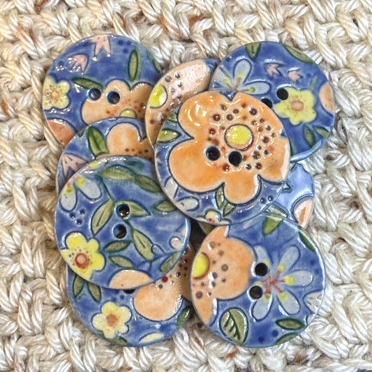 Orange and Blue Graphic Flowers Ceramic Buttons