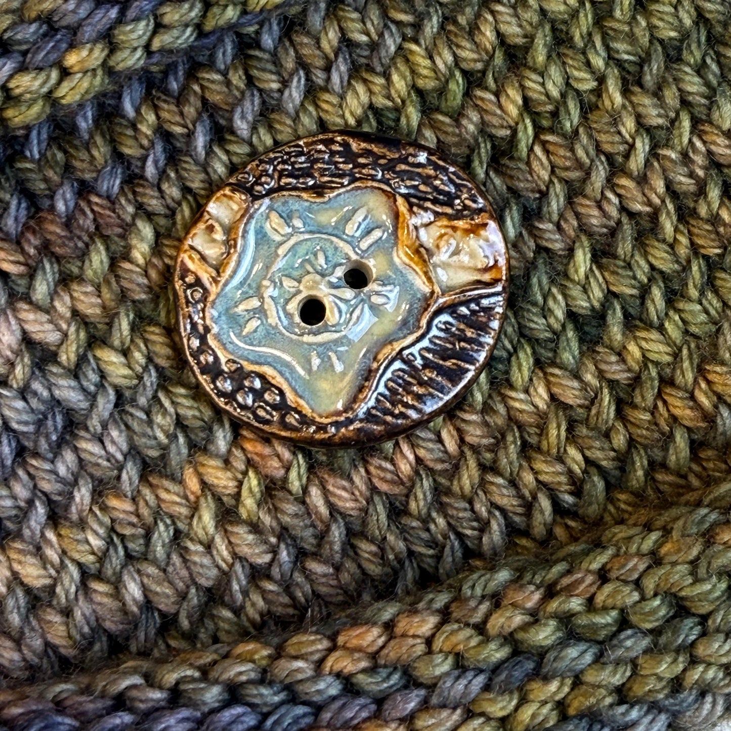 Turquoise Blue and Copper Flower and Leaf Ceramic Button