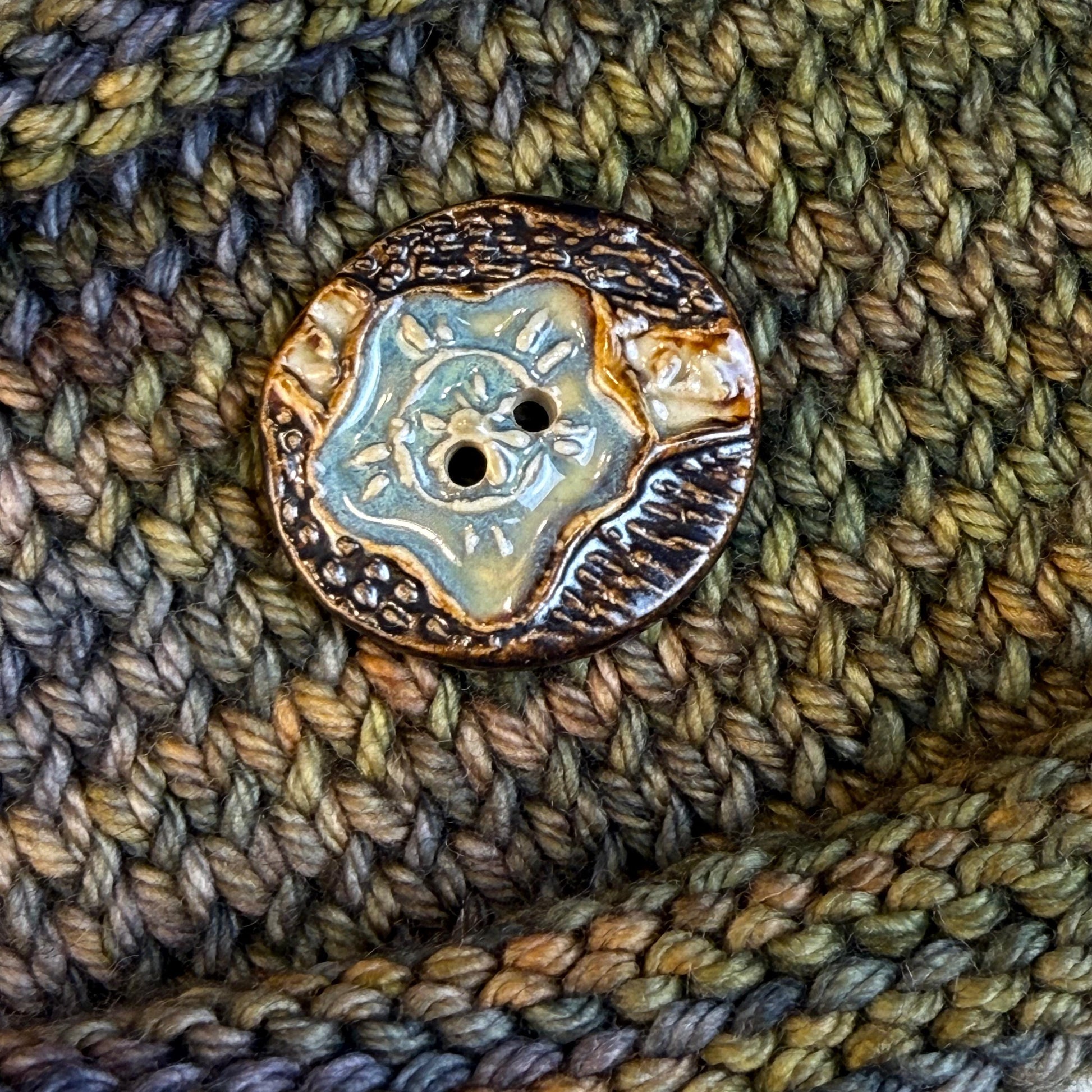 Turquoise Blue and Copper Flower and Leaf Ceramic Button
