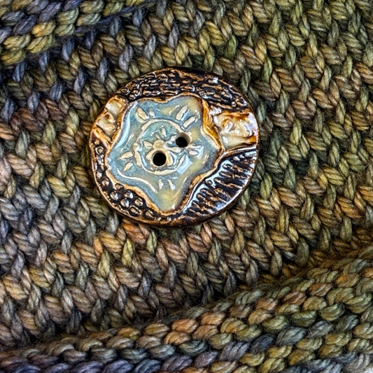Turquoise Blue and Copper Flower and Leaf Ceramic Button