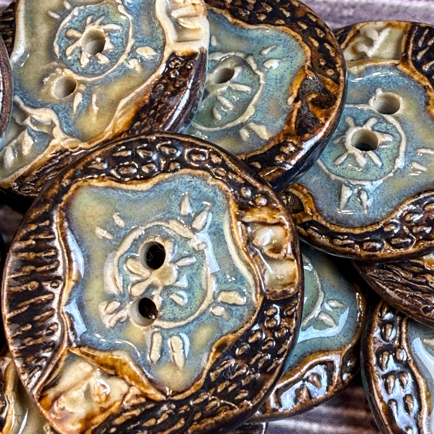 Turquoise Blue and Copper Flower and Leaf Ceramic Button