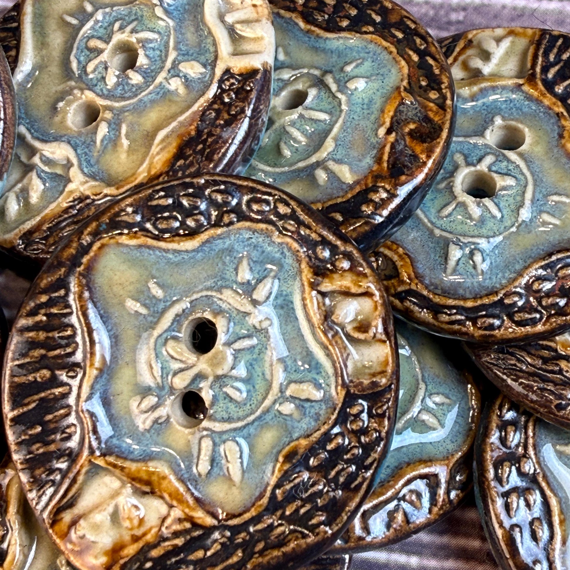 Turquoise Blue and Copper Flower and Leaf Ceramic Button