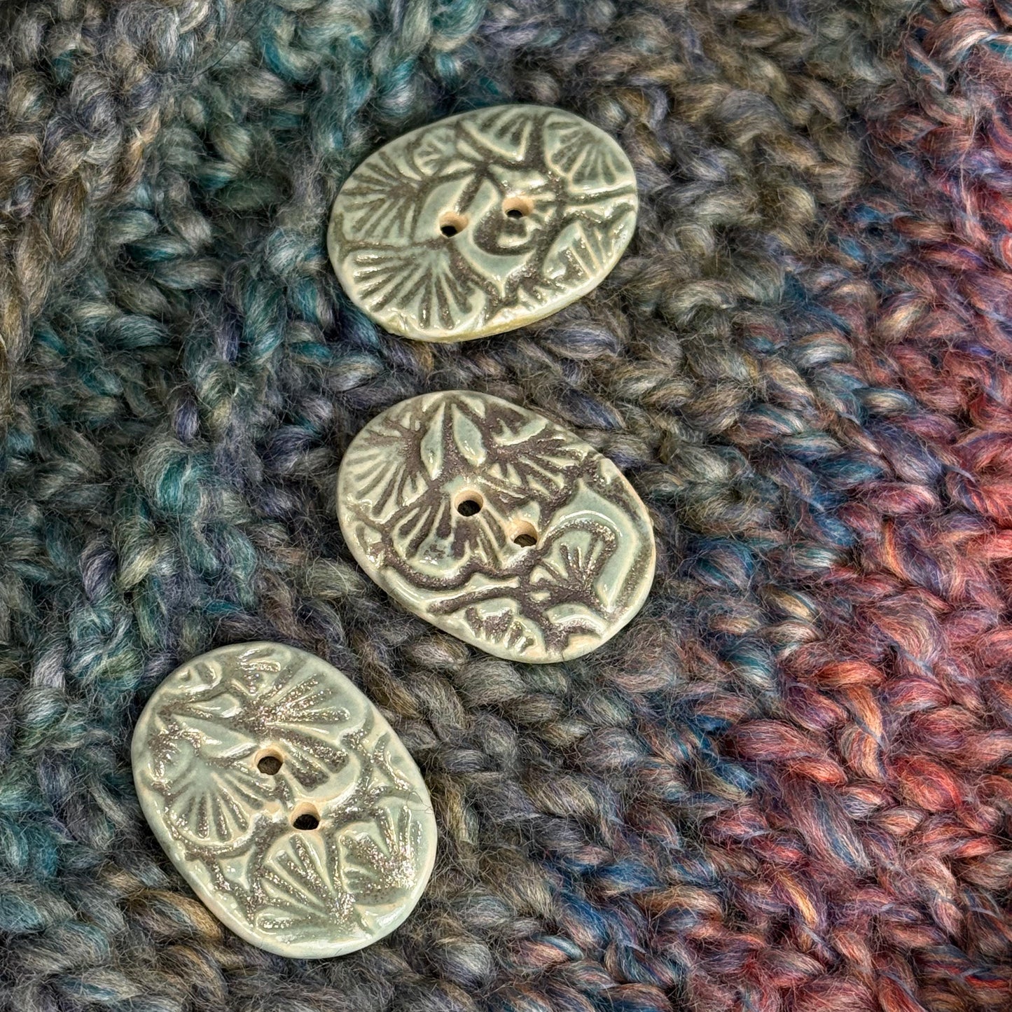 Gingko Green and Blue Oblong Ceramic Button