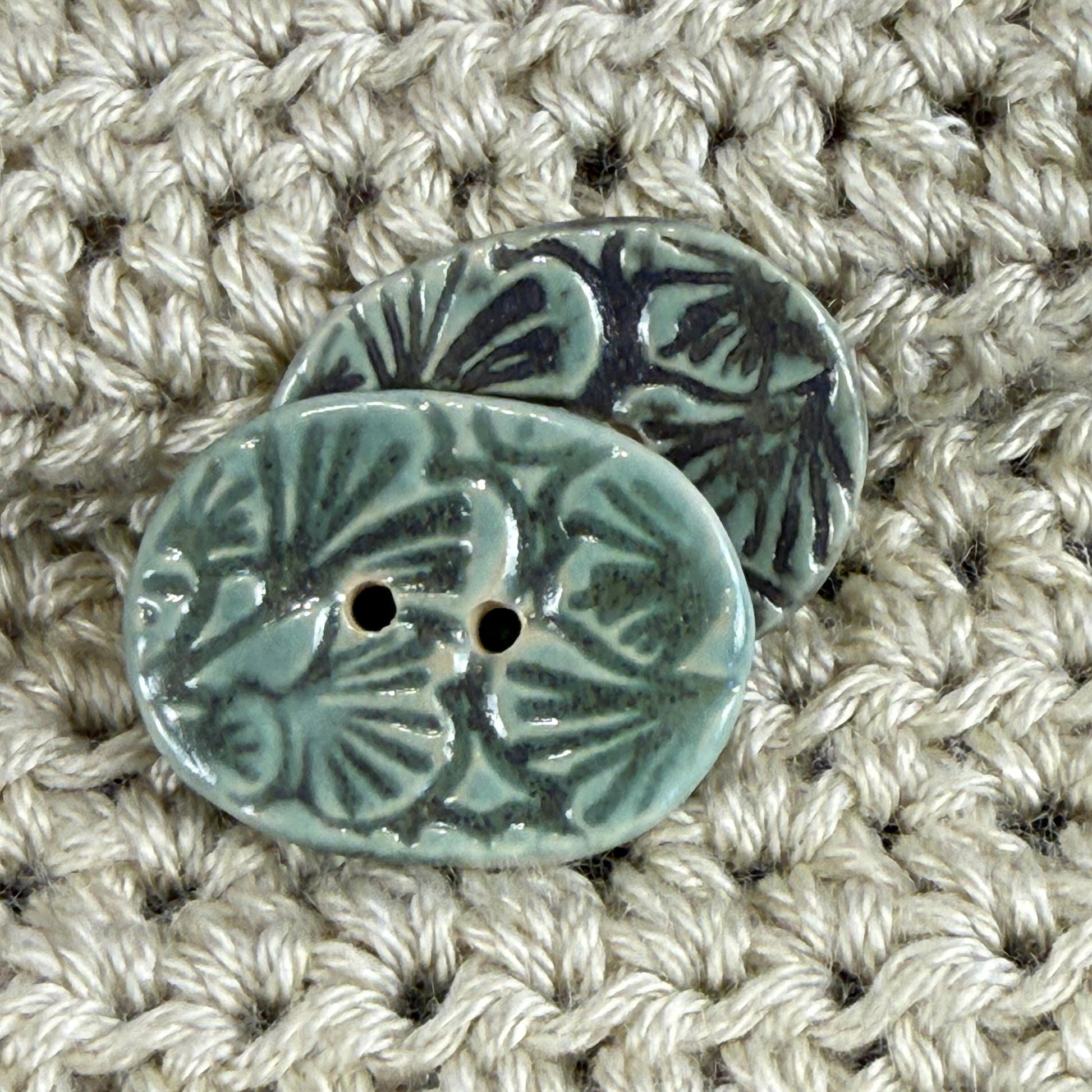 Gingko Green and Blue Oblong Ceramic Button
