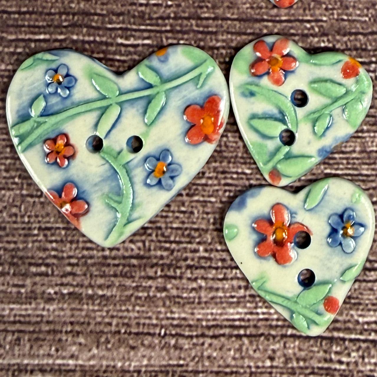 Handmade Ceramic Heart Buttons, Blue & Orange Floral Design