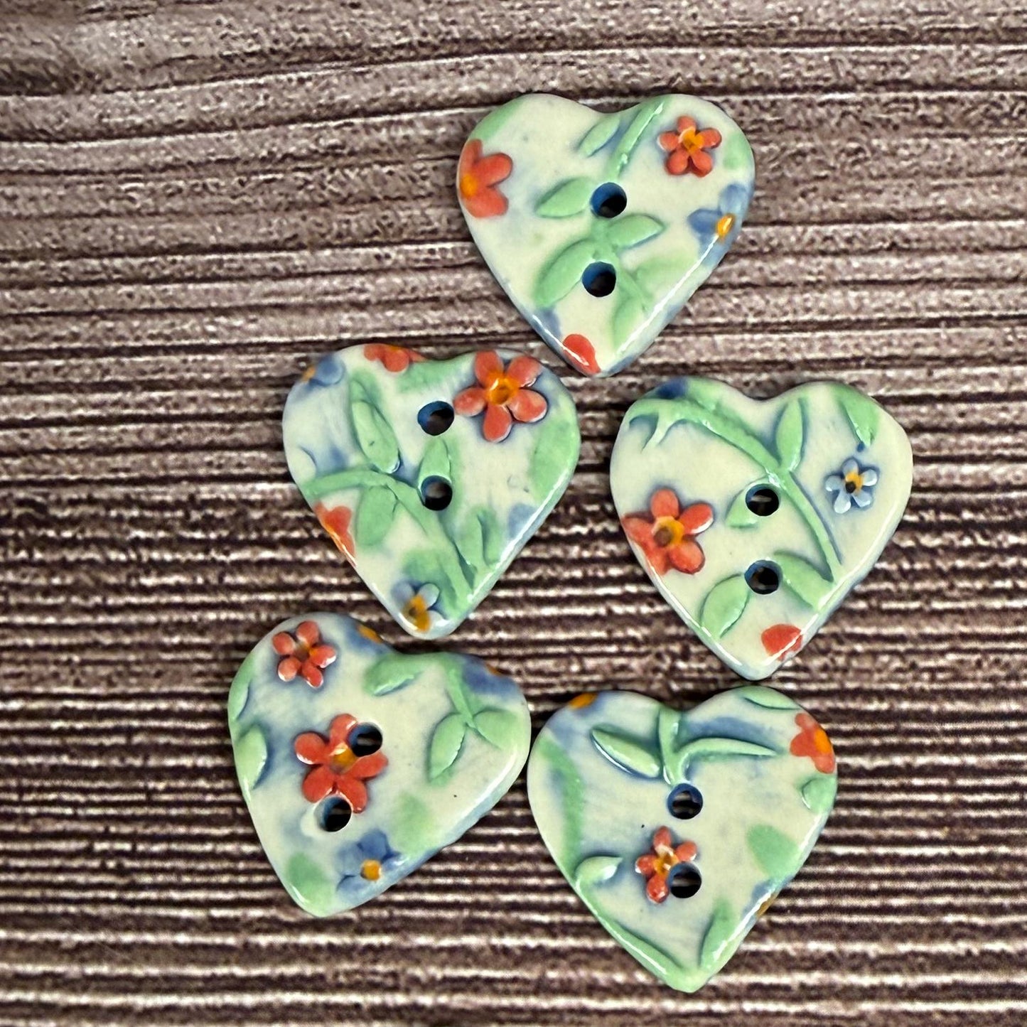 Handmade Ceramic Heart Buttons, Blue & Orange Floral Design