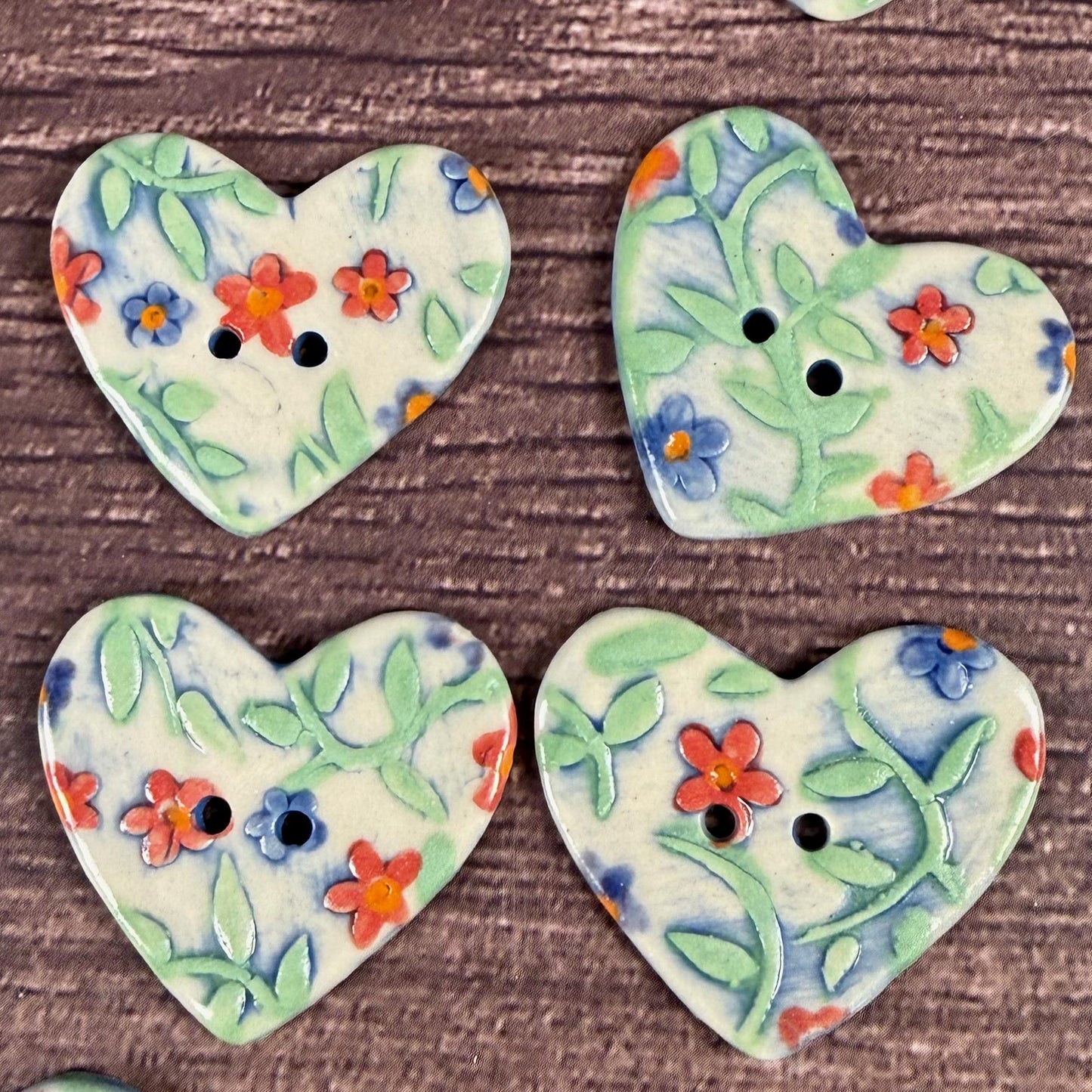 Handmade Ceramic Heart Buttons, Blue & Orange Floral Design