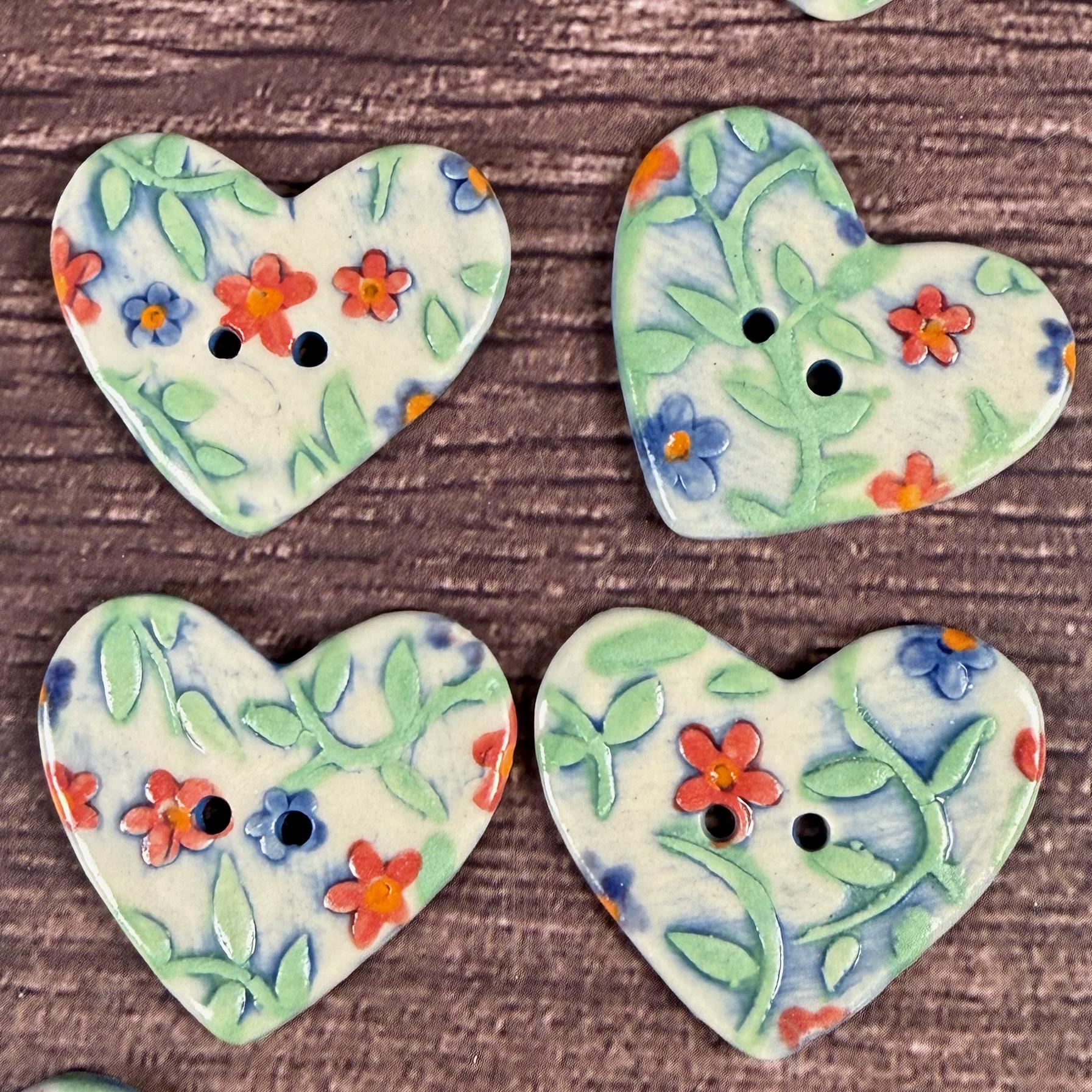 Handmade Ceramic Heart Buttons, Blue & Orange Floral Design