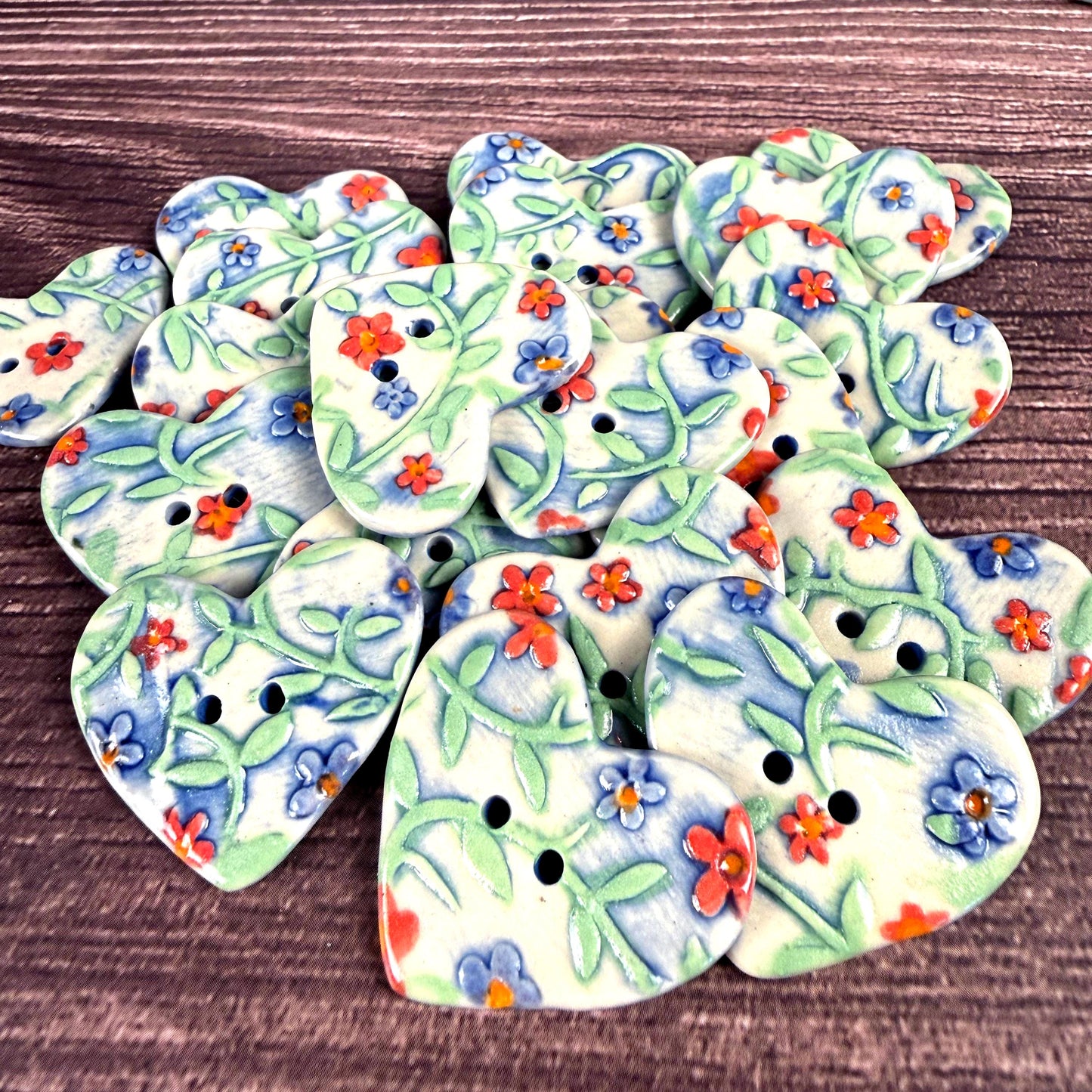 Handmade Ceramic Heart Buttons, Blue & Orange Floral Design