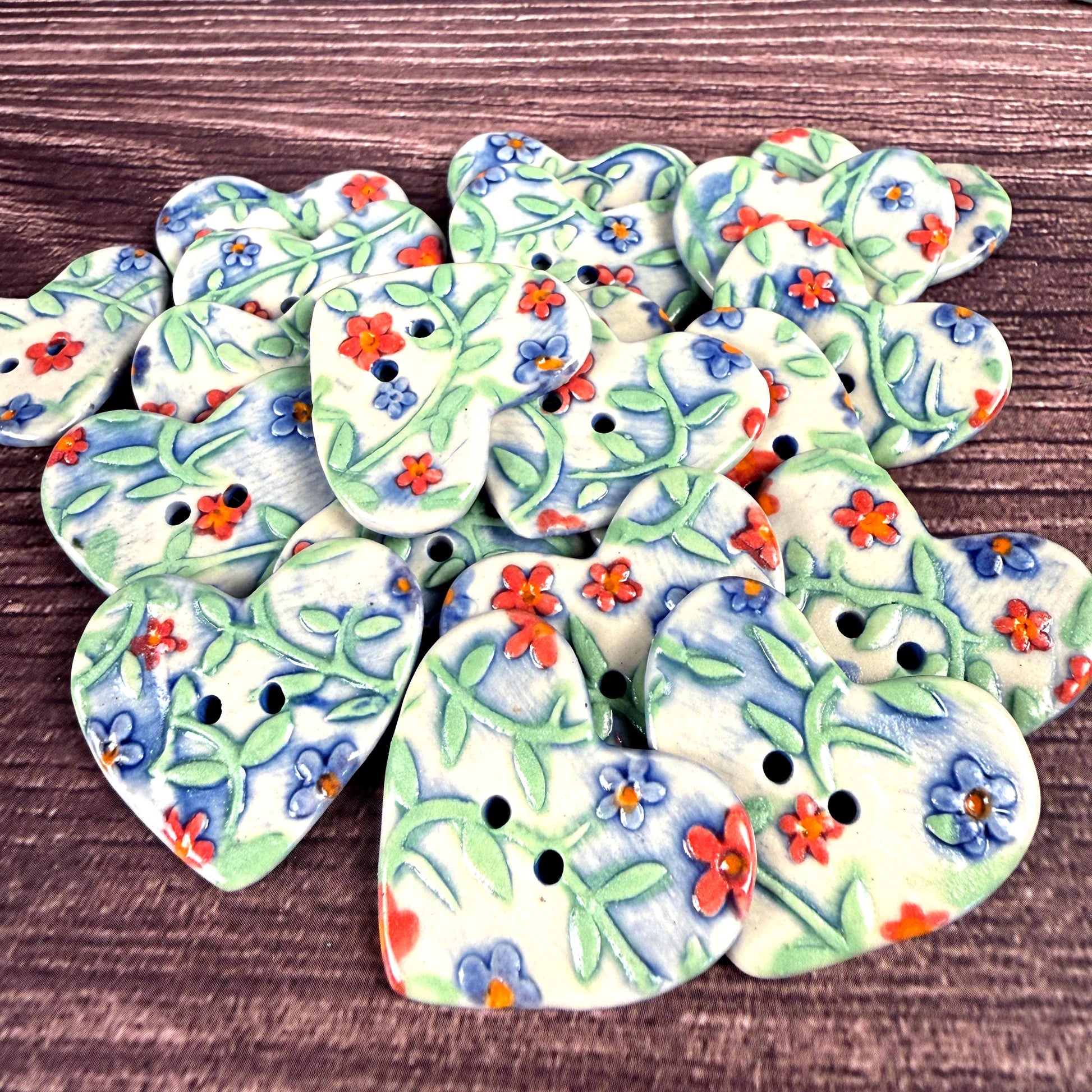 Handmade Ceramic Heart Buttons, Blue & Orange Floral Design