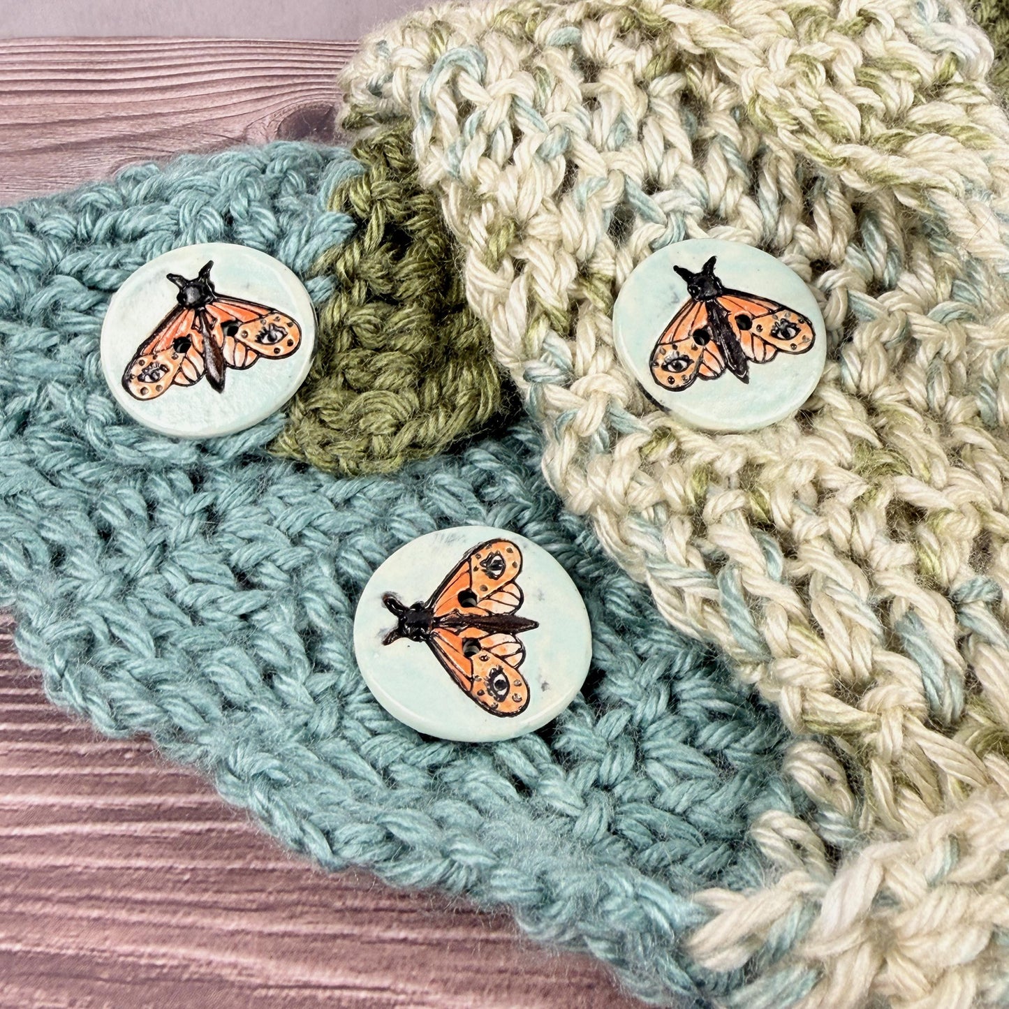 Large Coral and Salmon Moth Aqua Blue Ceramic Button