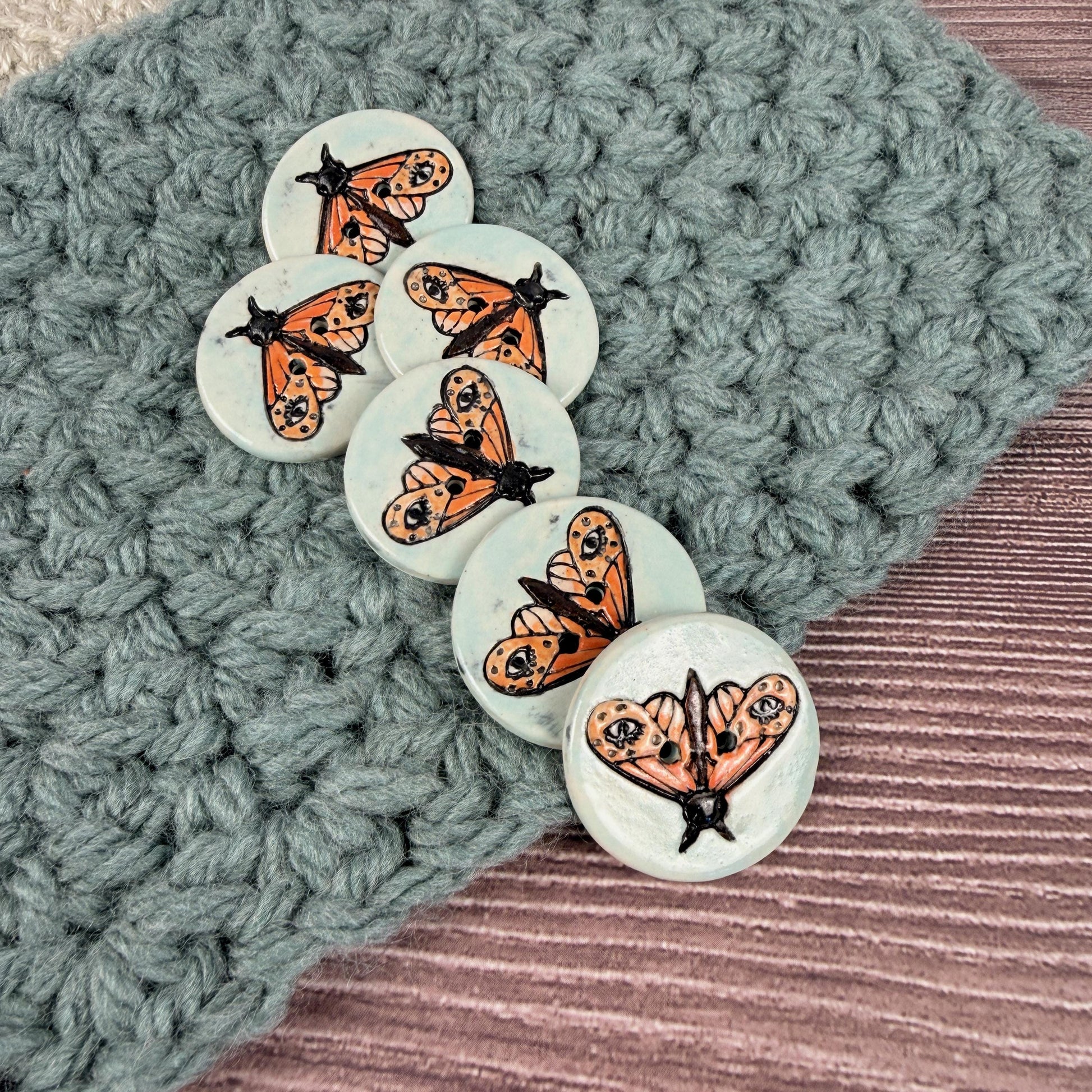 Large Coral and Salmon Moth Aqua Blue Ceramic Button