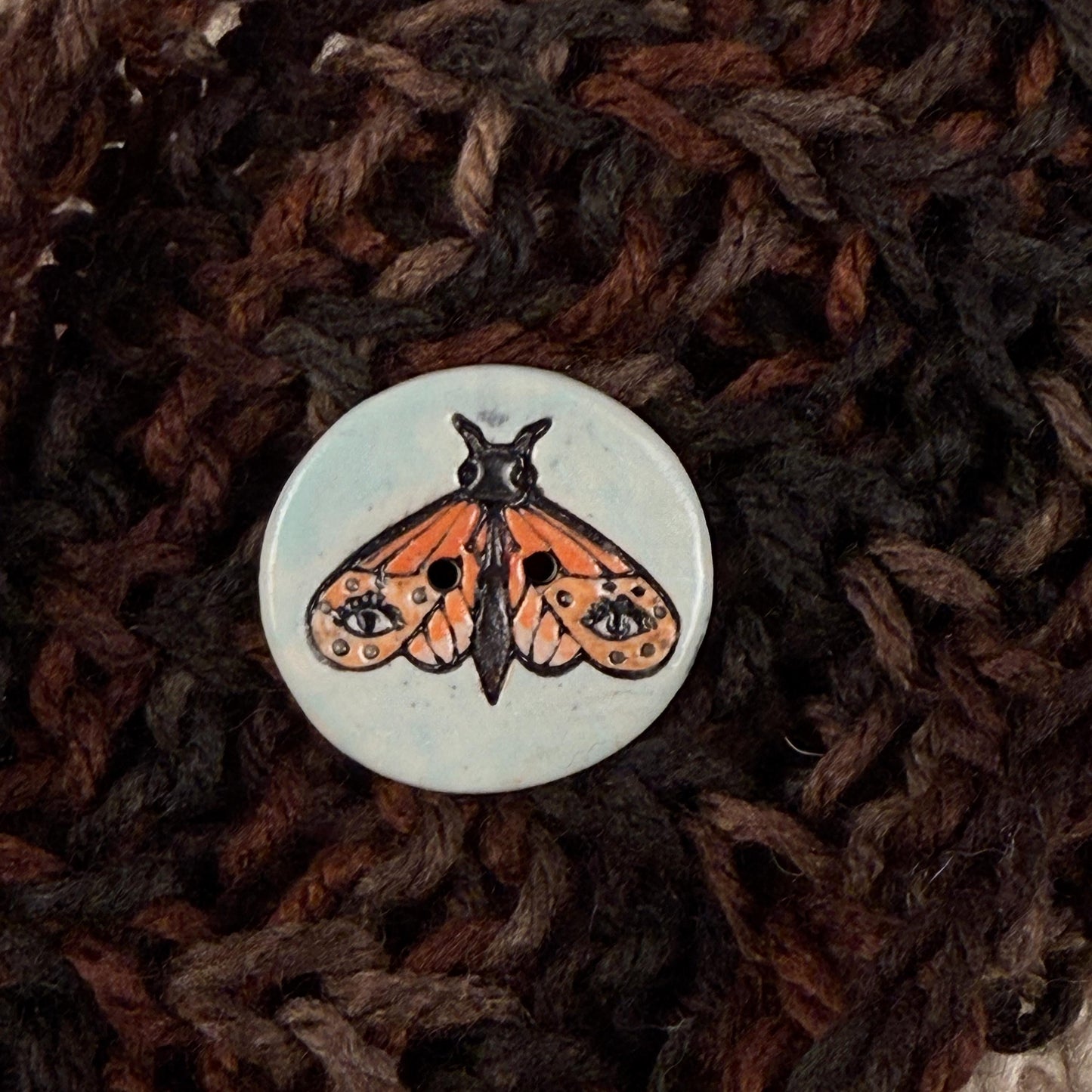 Large Coral and Salmon Moth Aqua Blue Ceramic Button