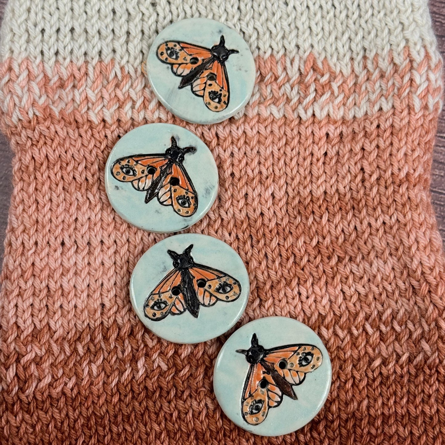 Large Coral and Salmon Moth Aqua Blue Ceramic Button