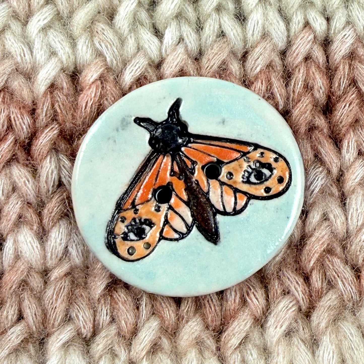 Large Coral and Salmon Moth Aqua Blue Ceramic Button