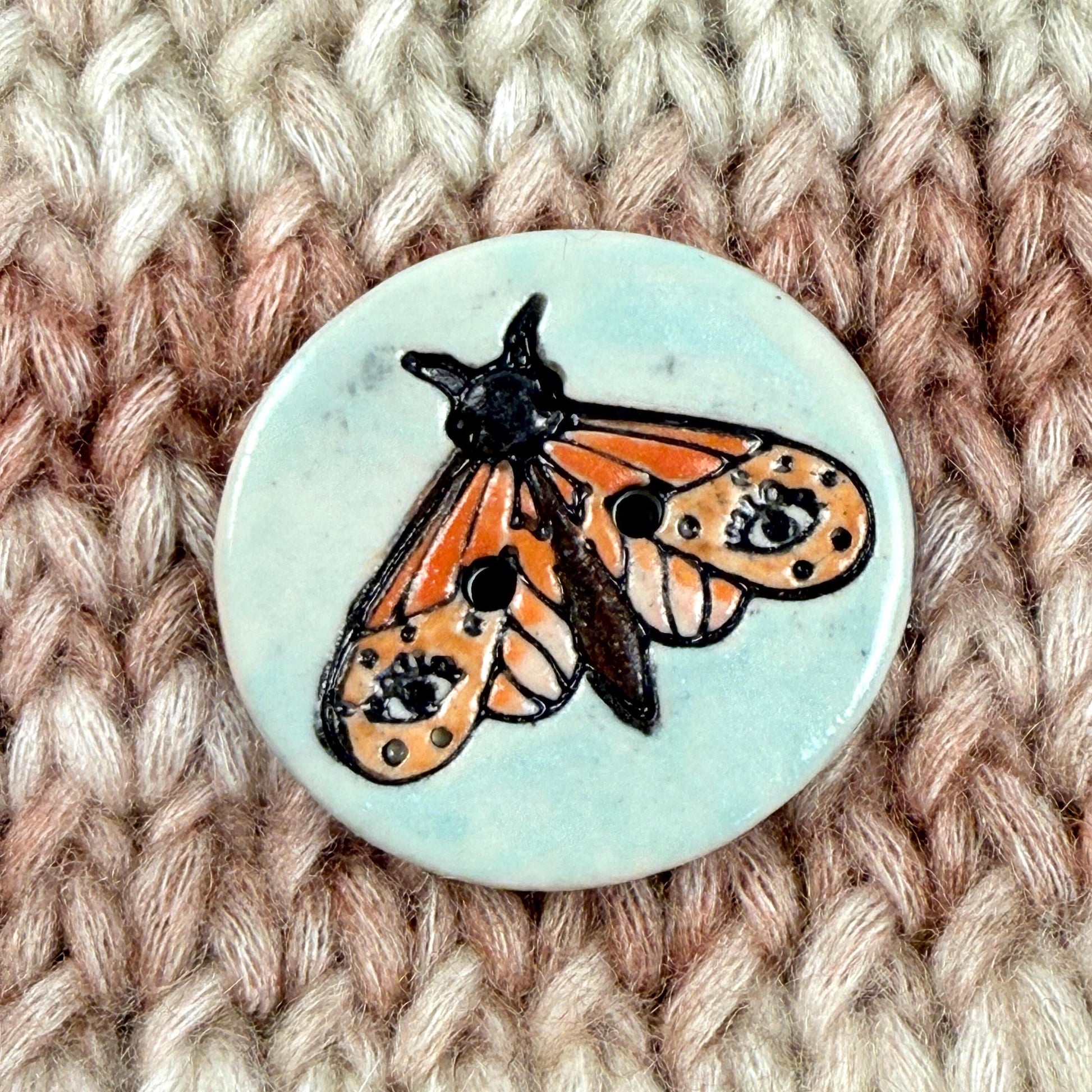 Large Coral and Salmon Moth Aqua Blue Ceramic Button