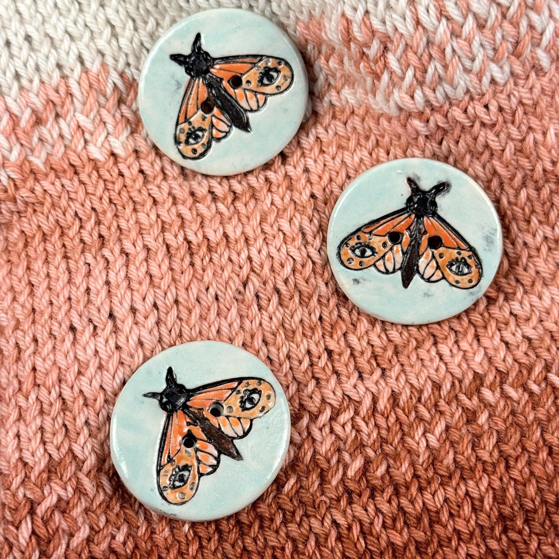 Large Coral and Salmon Moth Aqua Blue Ceramic Button