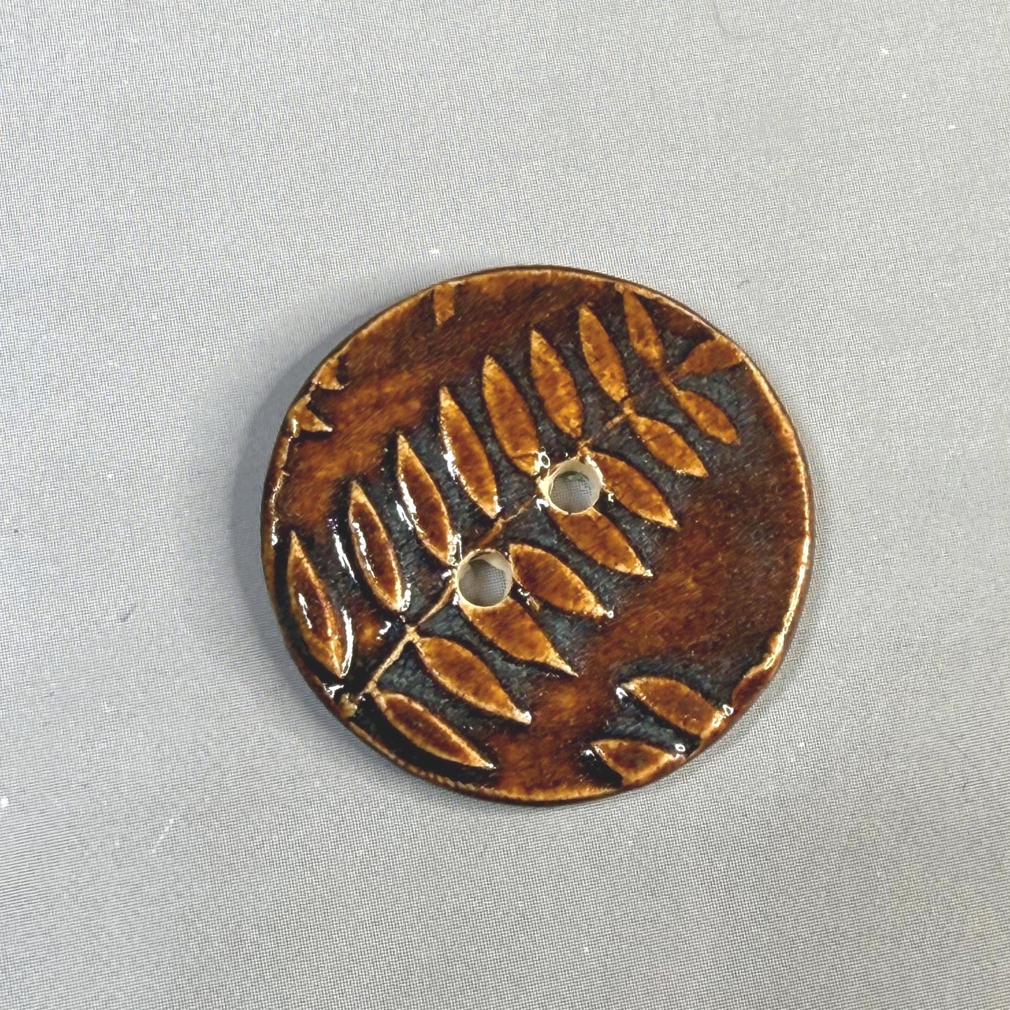 Brown Woodland Fern Textured Round Ceramic Button